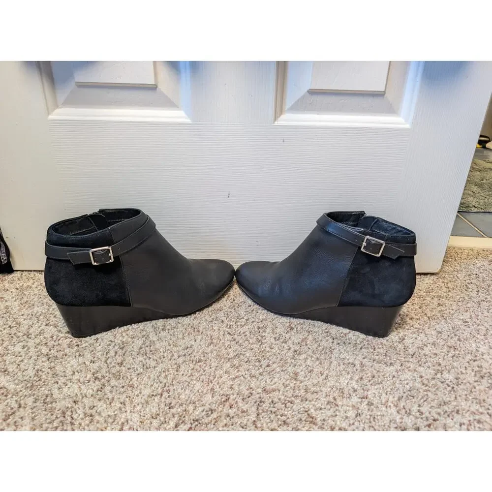 Vionic Shasta Womens 8.5 Black Leather Suede Ankle Boots Wedge Side Zip Buckle
